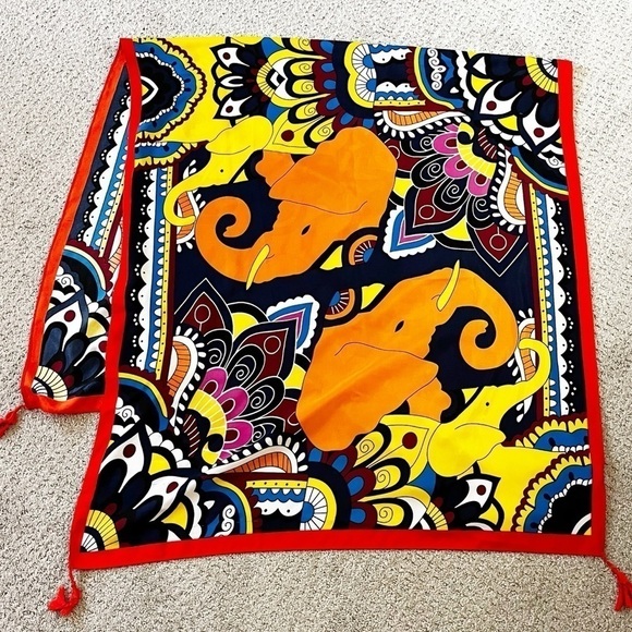 Batik Elephant Shawl Orange Pashmina Mod Colorful Indian Boho Festival Light - Picture 1 of 10